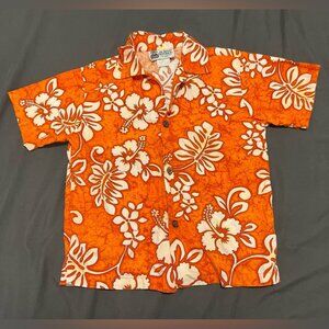 Aloha Republic Batik Hibiscus Orange Cotton Children’s Hawaiian Shirt 3T
